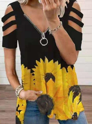 V-neck Zipper Cutout Short Sleeve Sunflower T-shirt