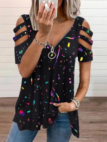 V-neck Zipper Cutout Short-sleeved T-shirt