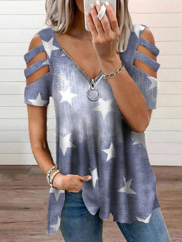 V-neck Zipper Cutout Short-sleeved T-shirt