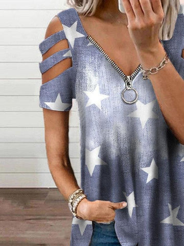 V-neck Zipper Cutout Short-sleeved T-shirt