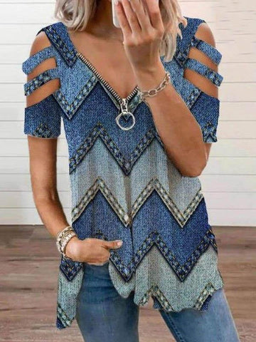 V-neck Zipper Geometric Print T-shirt