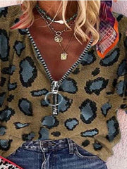 V-neck Zipper Leopard Print Casual Blouses