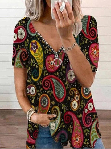 V-neck Zipper Pullover Print Short-sleeved Loose Top