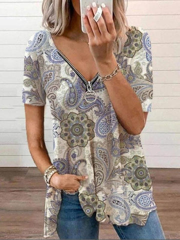 V-neck Zipper Pullover Print Short-sleeved Loose Top