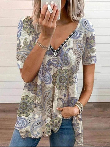 V-neck Zipper Pullover Print Short-sleeved Loose Top