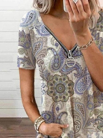 V-neck Zipper Pullover Print Short-sleeved Loose Top