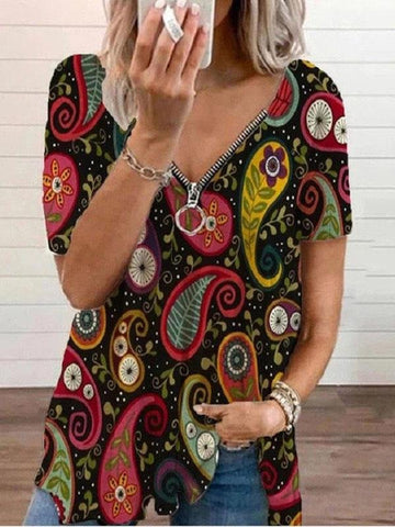 V-neck Zipper Pullover Print Short-sleeved Loose Top