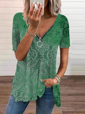 V-neck Zipper Pullover Print Short-sleeved Loose Top