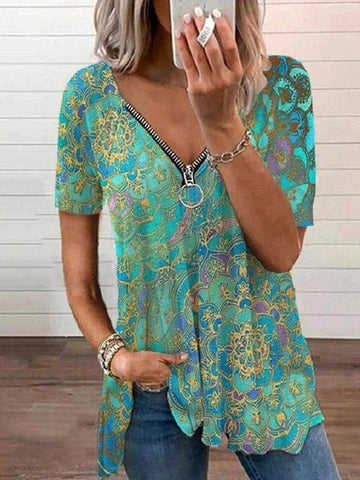 V-neck Zipper Pullover Print Short-sleeved Loose Top