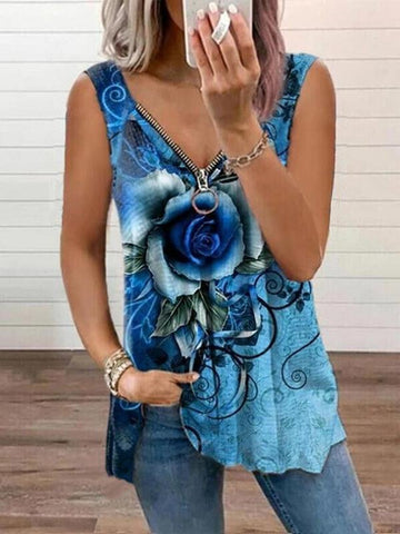 V-neck Zipper Rose Flower Print Casual Vest