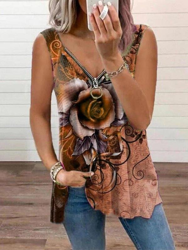 V-neck Zipper Rose Flower Print Casual Vest