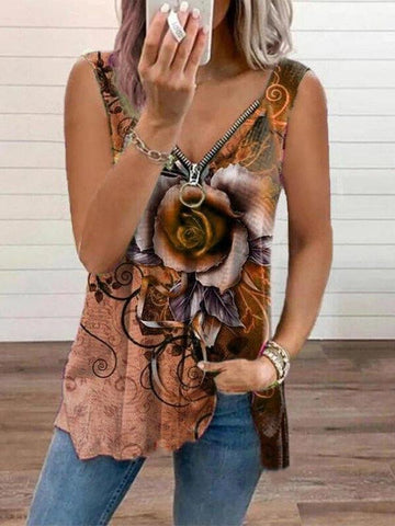 V-neck Zipper Rose Flower Print Casual Vest