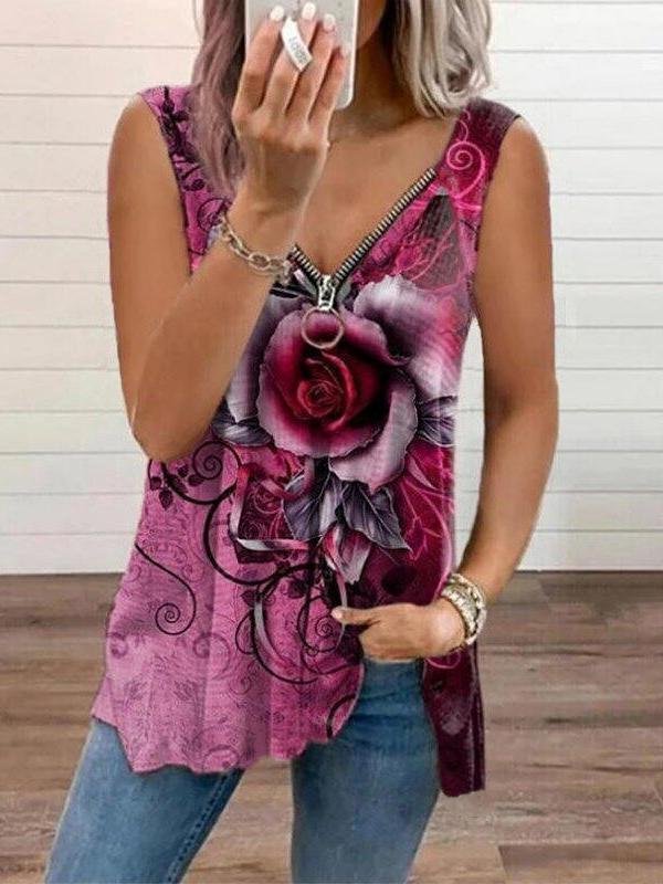 V-neck Zipper Rose Flower Print Casual Vest