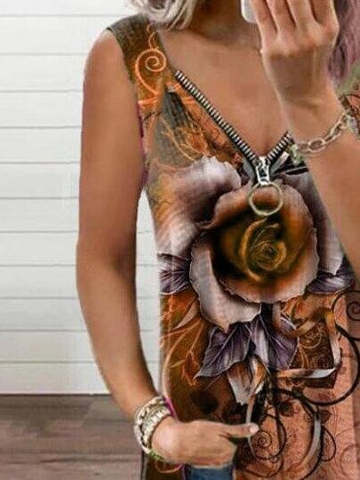 V-neck Zipper Rose Flower Print Casual Vest