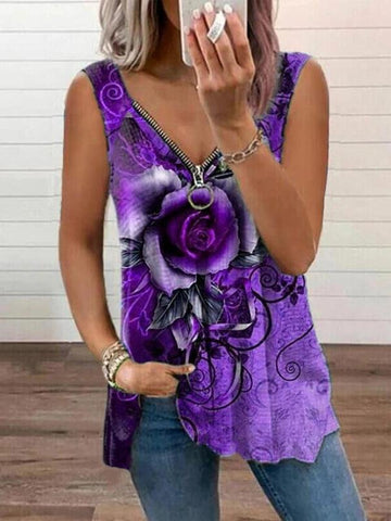 V-neck Zipper Rose Flower Print Casual Vest