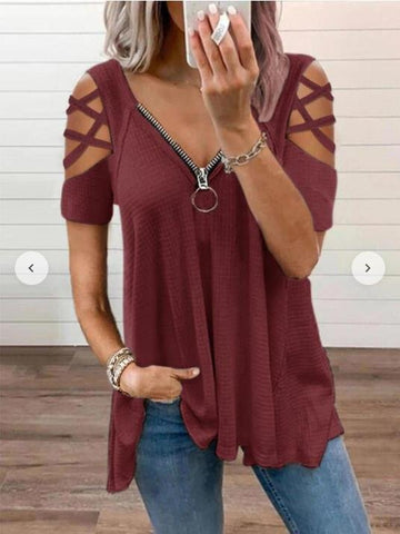 V-Neck Zipper Short Sleeve Solid T-Shirt