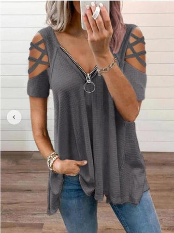 V-Neck Zipper Short Sleeve Solid T-Shirt