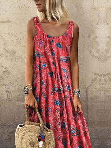 Vacation Print Round Neck Sleeveless Dress