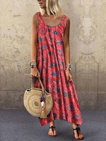 Vacation Print Round Neck Sleeveless Dress