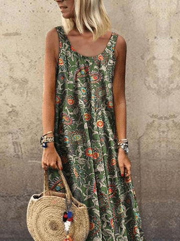 Vacation Print Round Neck Sleeveless Dress