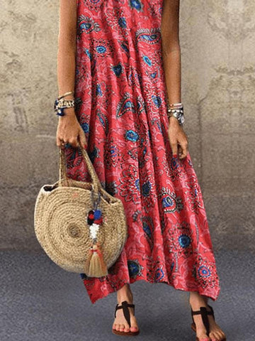 Vacation Print Round Neck Sleeveless Dress