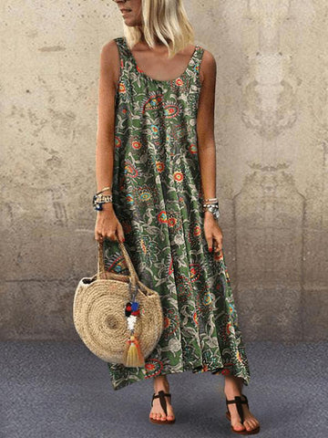 Vacation Print Round Neck Sleeveless Dress