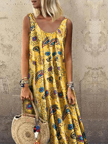 Vacation Print Round Neck Sleeveless Dress