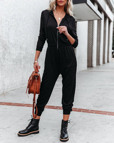 Vander Pocketed Hooded Knit Jumpsuit - Black