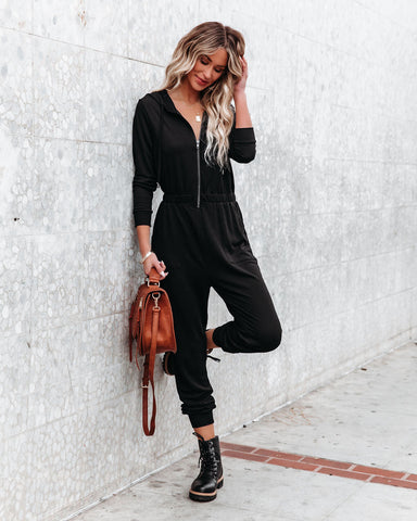 Vander Pocketed Hooded Knit Jumpsuit - Black