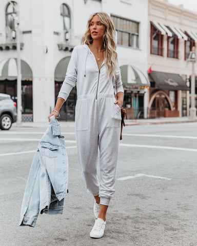 Vander Pocketed Hooded Knit Jumpsuit - Light Grey