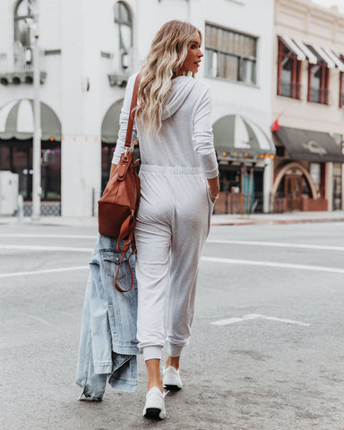 Vander Pocketed Hooded Knit Jumpsuit - Light Grey