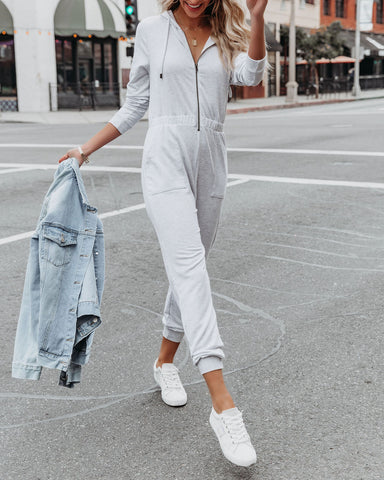 Vander Pocketed Hooded Knit Jumpsuit - Light Grey