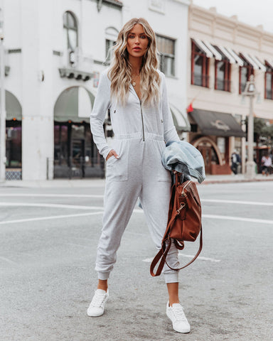 Vander Pocketed Hooded Knit Jumpsuit - Light Grey