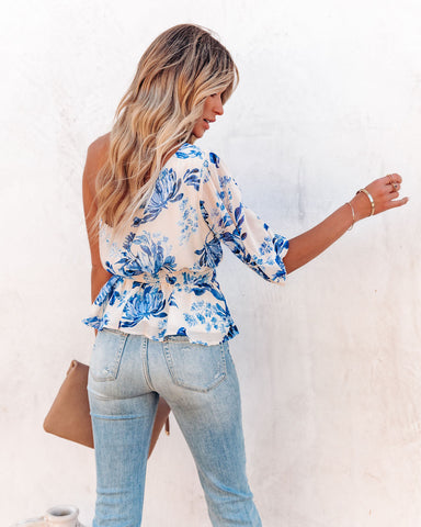 Vargo Floral One Shoulder Peplum Blouse - Blue