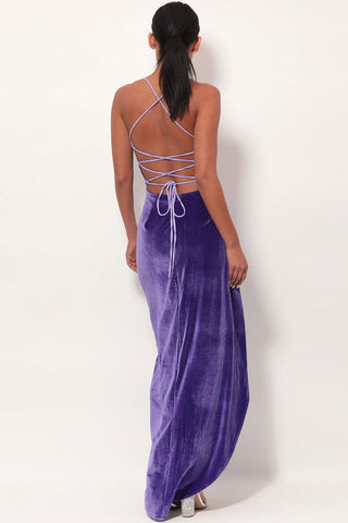 Robe longue en velours à col bénitier et dos nu, fente haute - Violet