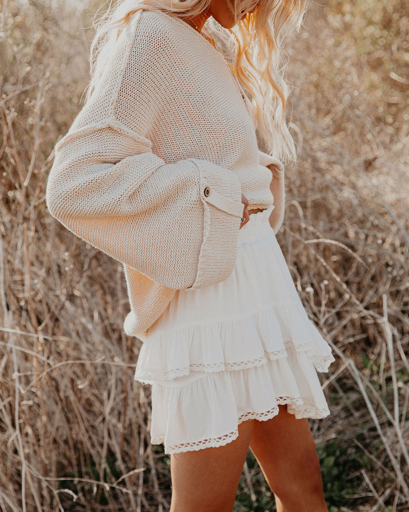 Beige Eyelet Knit Crochet Ruffle Trim High-Rise Mini Skirt main image 0