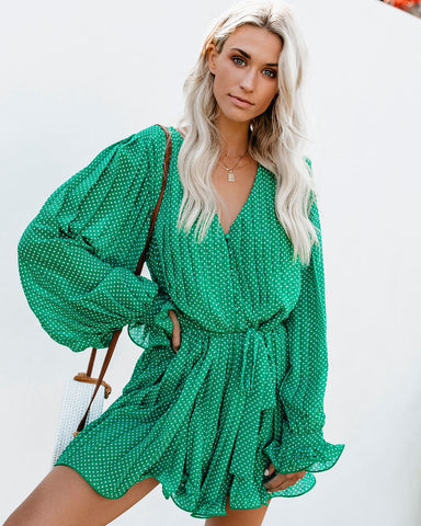 Viera Polka Dot Pleated Romper - Green