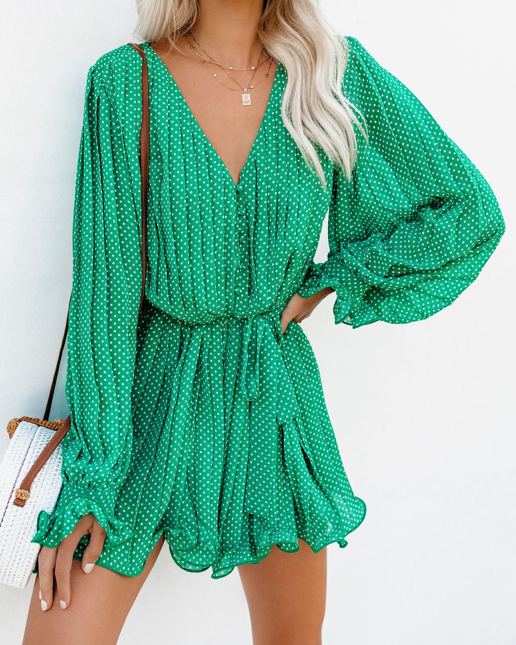 Viera Polka Dot Pleated Romper - Green