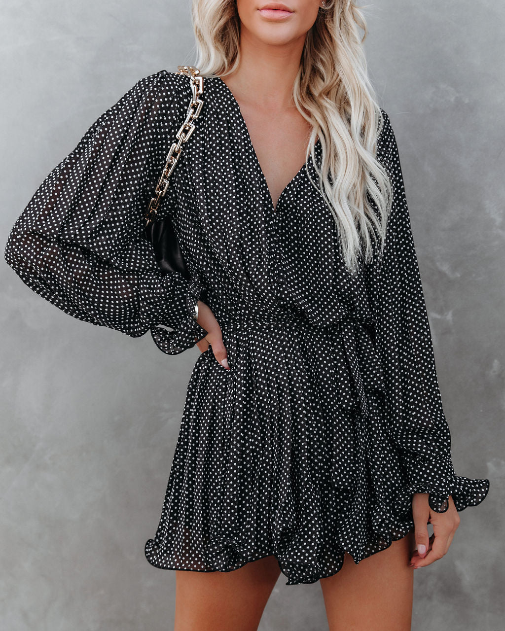 Viera Polka Dot Pleated Romper - Black