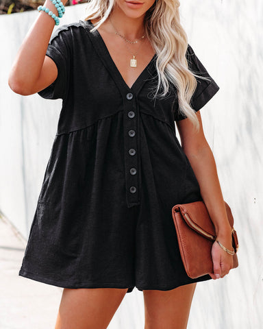 Vincent Cotton Blend Pocketed Button Down Romper - Black