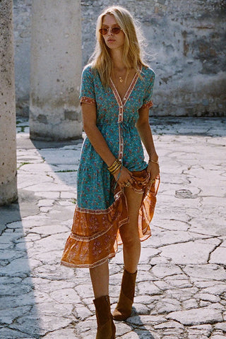 Vintage Floral Print Empire Waist Boho Dress - Teal Blue