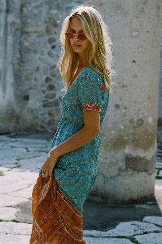 Vintage Floral Print Empire Waist Boho Dress - Teal Blue