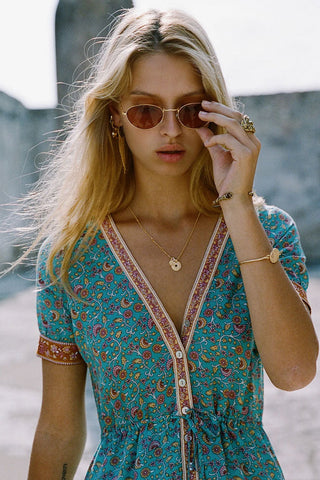 Vintage Floral Print Empire Waist Boho Dress - Teal Blue
