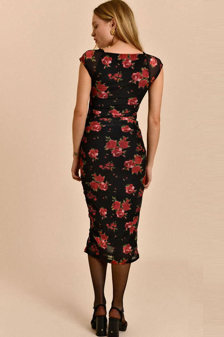 Vintage Floral Printed Cap Sleeve Mesh Ruched Bodycon Midi Dress - Black