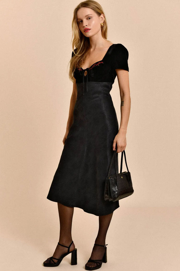 Vintage Rose Embroidered Puff Sleeve Bicolor Velvet Midi Dress - Black