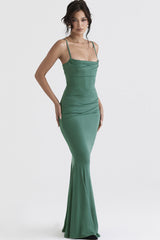 Vintage Square Neck Ruched Corset Fishtail Evening Maxi Dress - Green