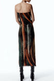 Vintage Abstract Print Plisse Strapless Slim Maxi Dress