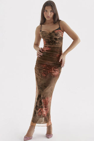 Vintage Sweetheart Rüschenbesatz Bedrucktes Mesh Slip Maxikleid - Blumen