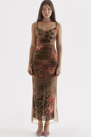 Vintage Sweetheart Rüschenbesatz Bedrucktes Mesh Slip Maxikleid - Blumen