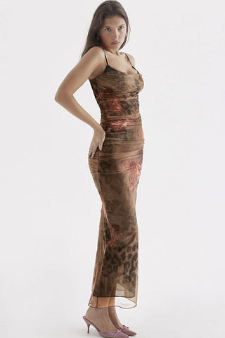 Vintage Sweetheart Rüschenbesatz Bedrucktes Mesh Slip Maxikleid - Blumen